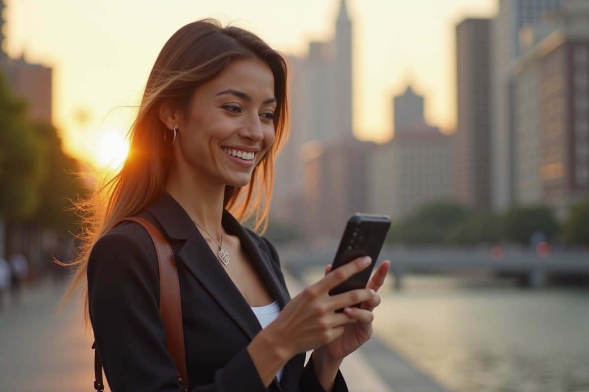 Femme confiante enregistrant une video en extérieur en ville