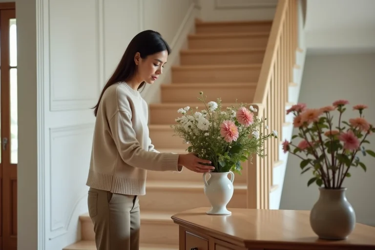 Femme arrangeant un vase de fleurs dans l'entrée de la maison