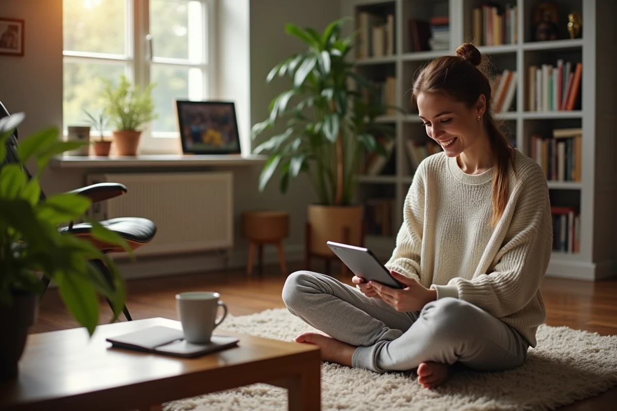 Jeune femme suivant un match sur sa tablette dans un bureau cosy