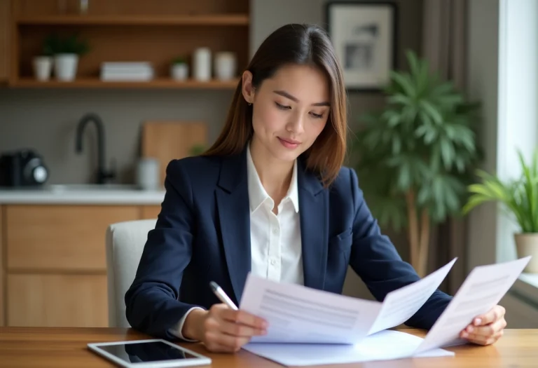 Jeune femme en blazer bleu examine des documents de prêt