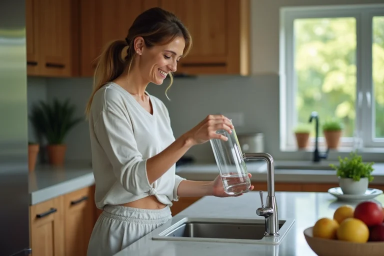 Femme d'âge moyen souriante dans une cuisine moderne