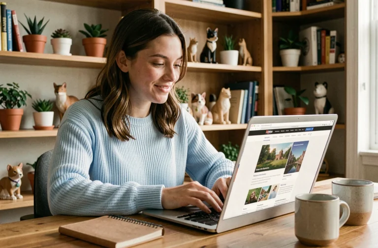 Jeune femme naviguant sur le plan du site Animal Time depuis un bureau en bois dans un bureau à domicile chaleureux