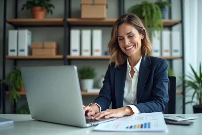 Femme d affaires concentrée devant un graphique en bureau moderne