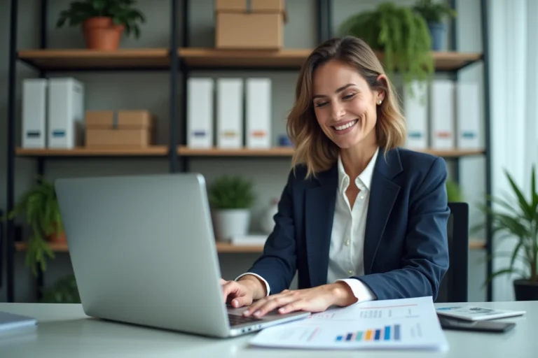 Femme d affaires concentrée devant un graphique en bureau moderne