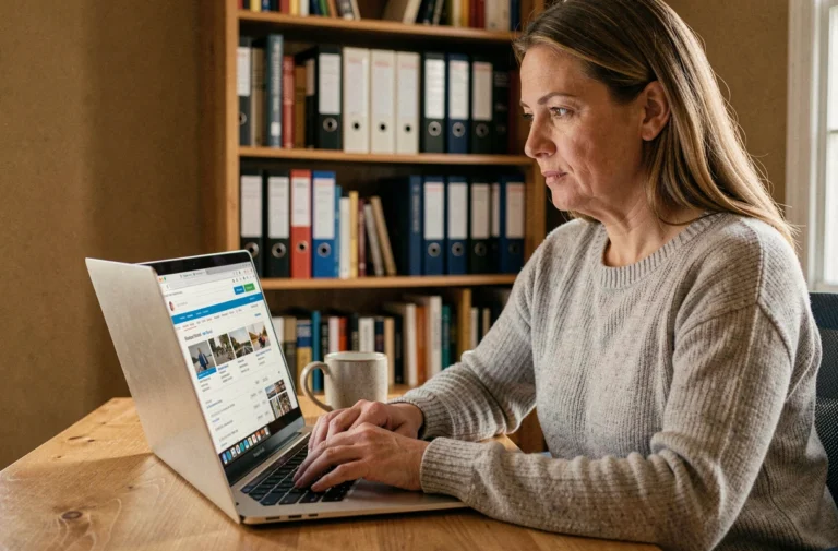 Femme utilisant un annuaire en ligne sur son ordinateur portable pour retrouver une adresse