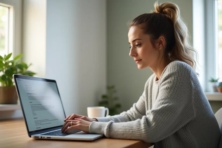 Femme cherchant des offres d'emploi en ligne sur un ordinateur portable dans un bureau à domicile