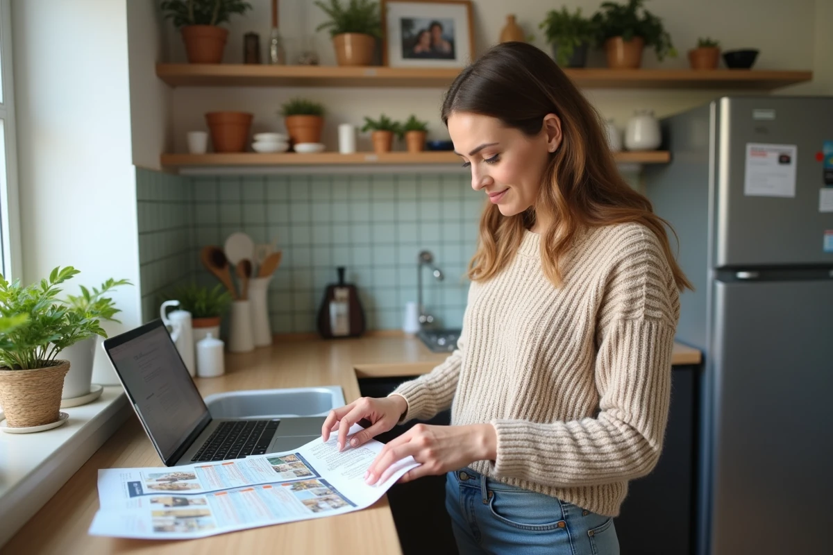 Femme entrant des chiffres sur son ordinateur dans la cuisine