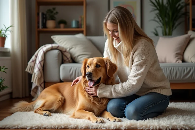 Femme câline avec un retriever doré dans un salon chaleureux