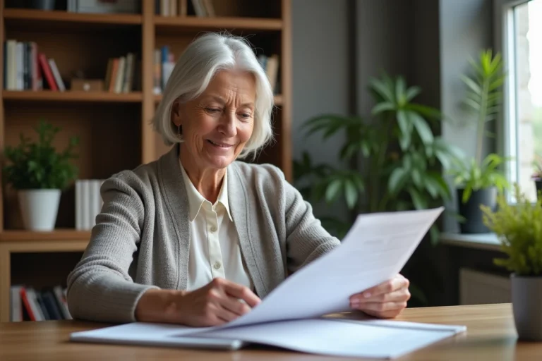 Femme d'âge moyen vérifiant une déclaration de pension à domicile