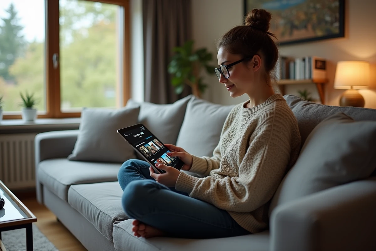 Femme assise sur un canapé avec une tablette dans un salon moderne
