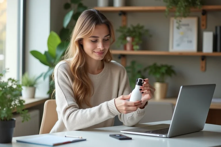 Femme en bureau regardant un produit cosmétique