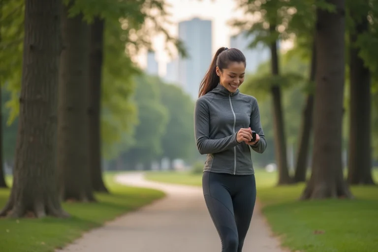 Jeune femme sportive regardant sa montre connectée dans un parc