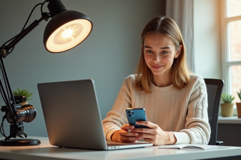 Jeune femme analysant ses statistiques sur un bureau lumineux