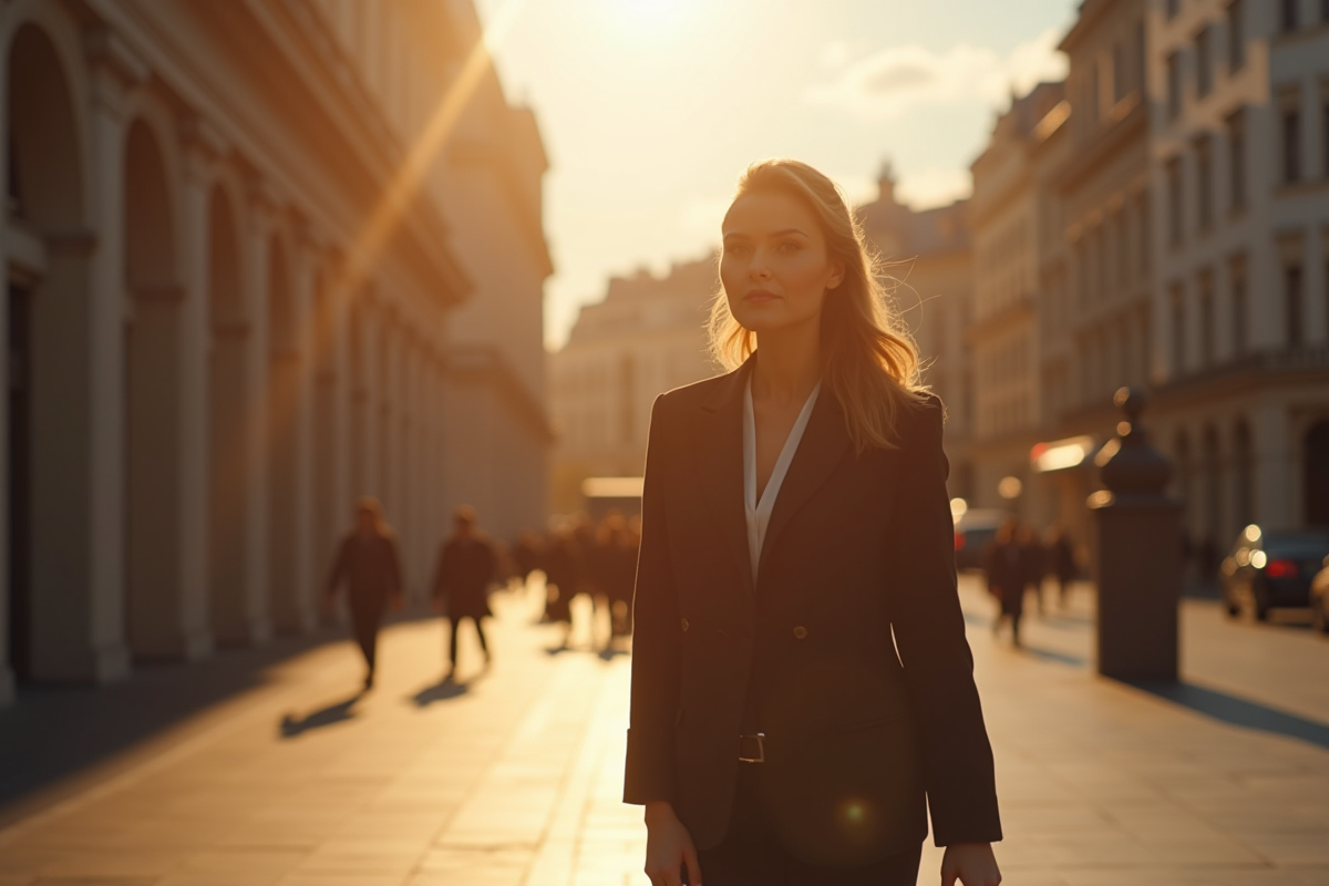 Femme confiante marchant dans une place urbaine
