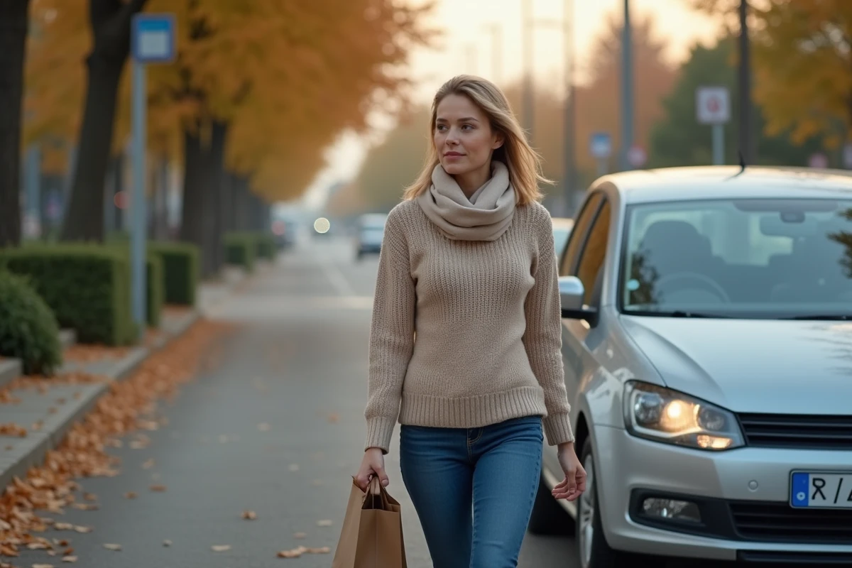 Jeune femme marchant près de sa voiture à Arcachon