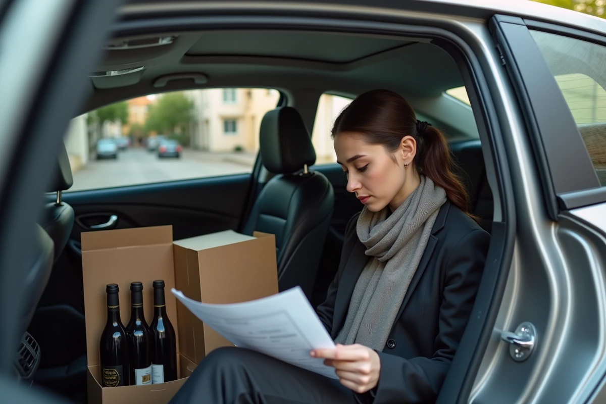 Jeune femme lisant un document dans une voiture urbaine