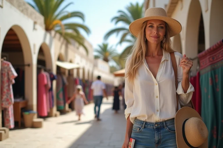 Femme voyageant à Djerba près du marché traditionnel