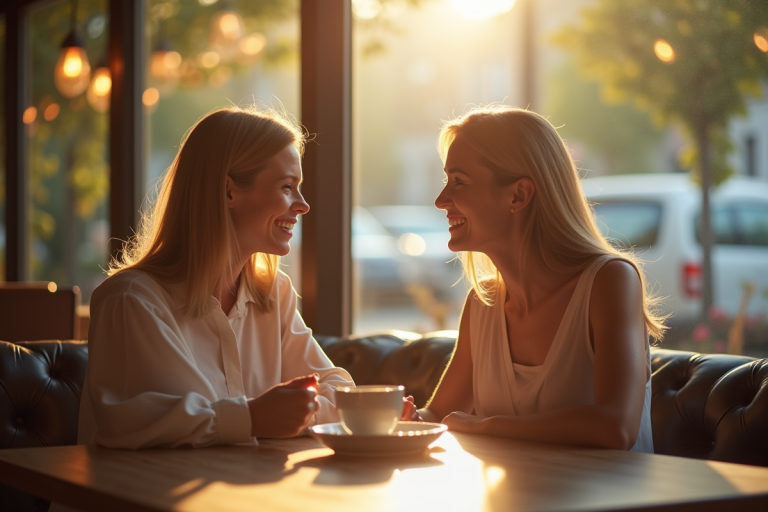 Deux femmes rient dans un café ensoleille
