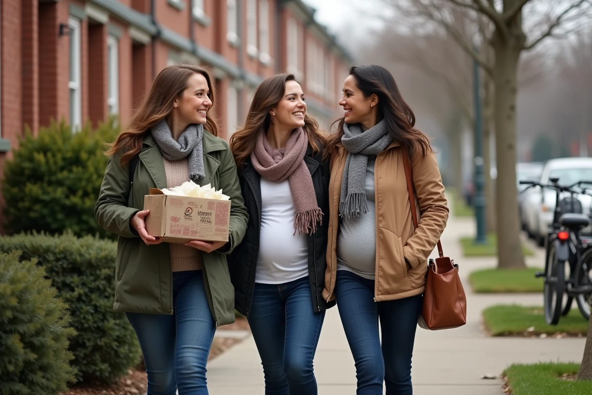 Trois femmes marchant dans le quartier par temps frais