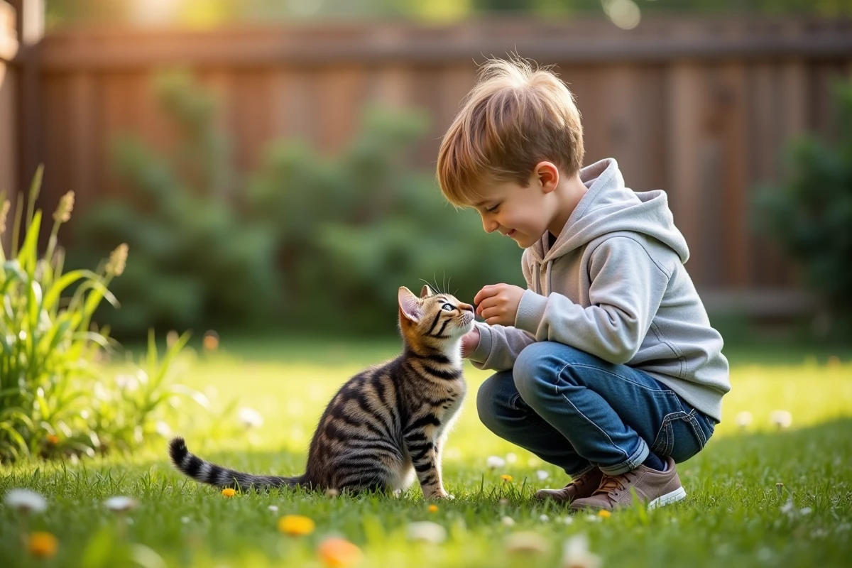 Garçon joue avec un chat tigré dans un jardin ensoleille