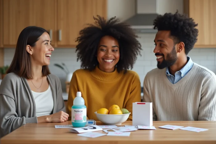 Groupe d'amis découvrant des échantillons et lots gratuits offerts par des marques autour d'une table de cuisine