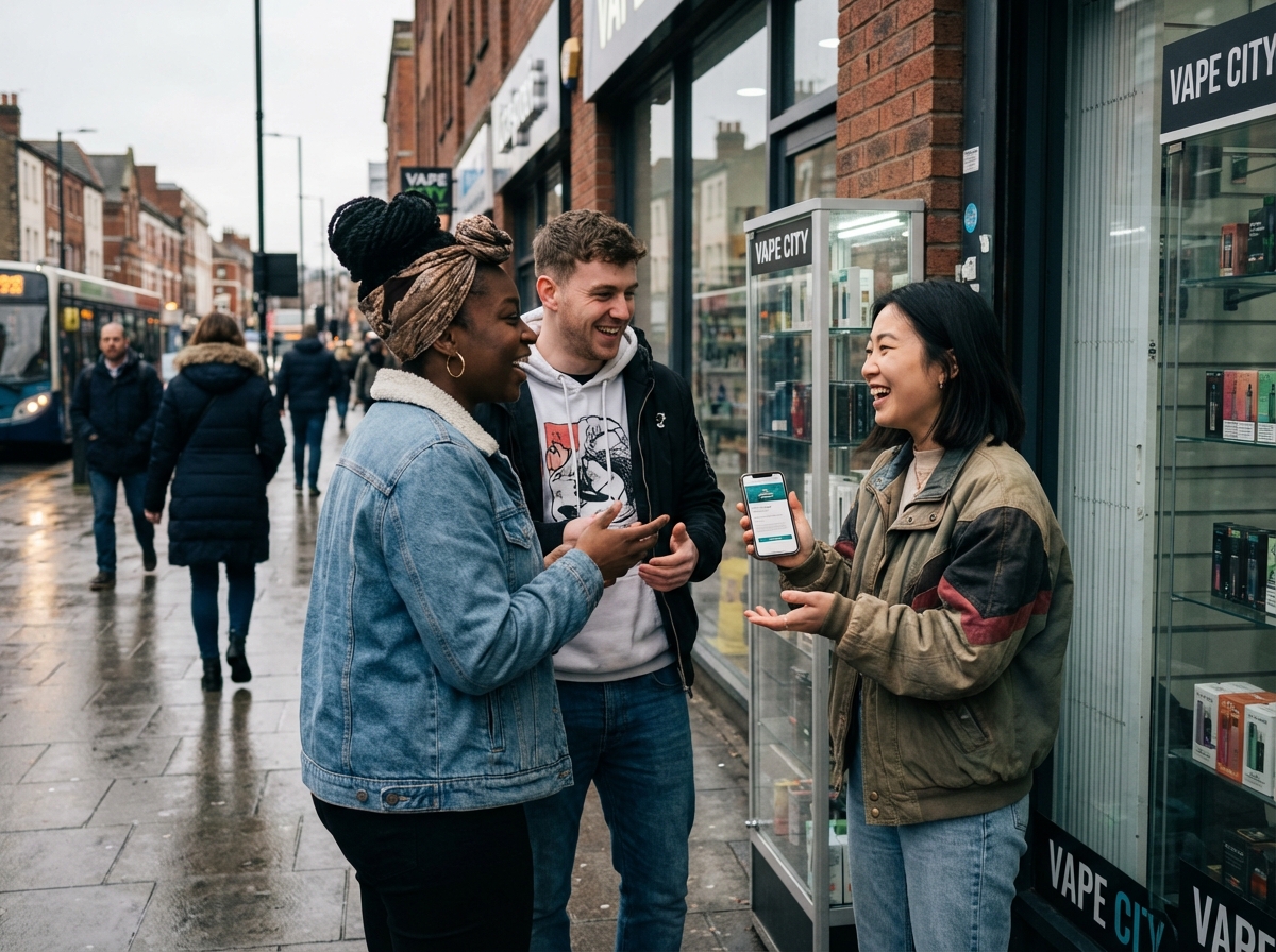 Trois amis discutant devant un magasin de vape en milieu urbain