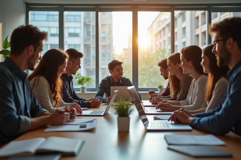 Groupe d'étudiants en école de commerce collaborant