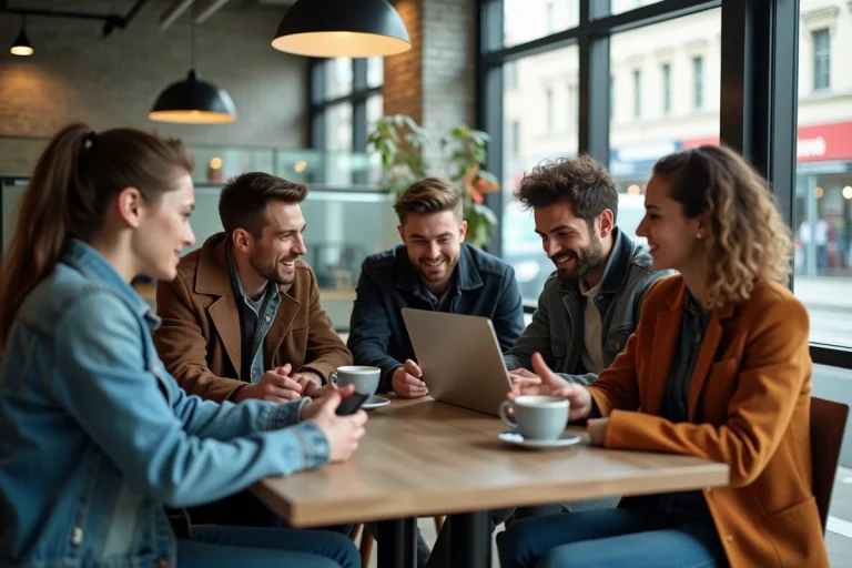 Jeunes adultes dans un café urbain en groupe