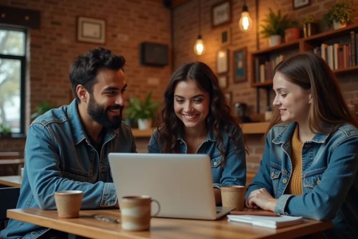 Groupe de jeunes adultes discutant des dernières tendances de l'actualité autour d'un ordinateur portable dans un café chaleureux
