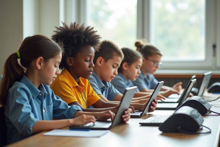 Groupe de lycéens utilisant tablettes en classe lumineuse