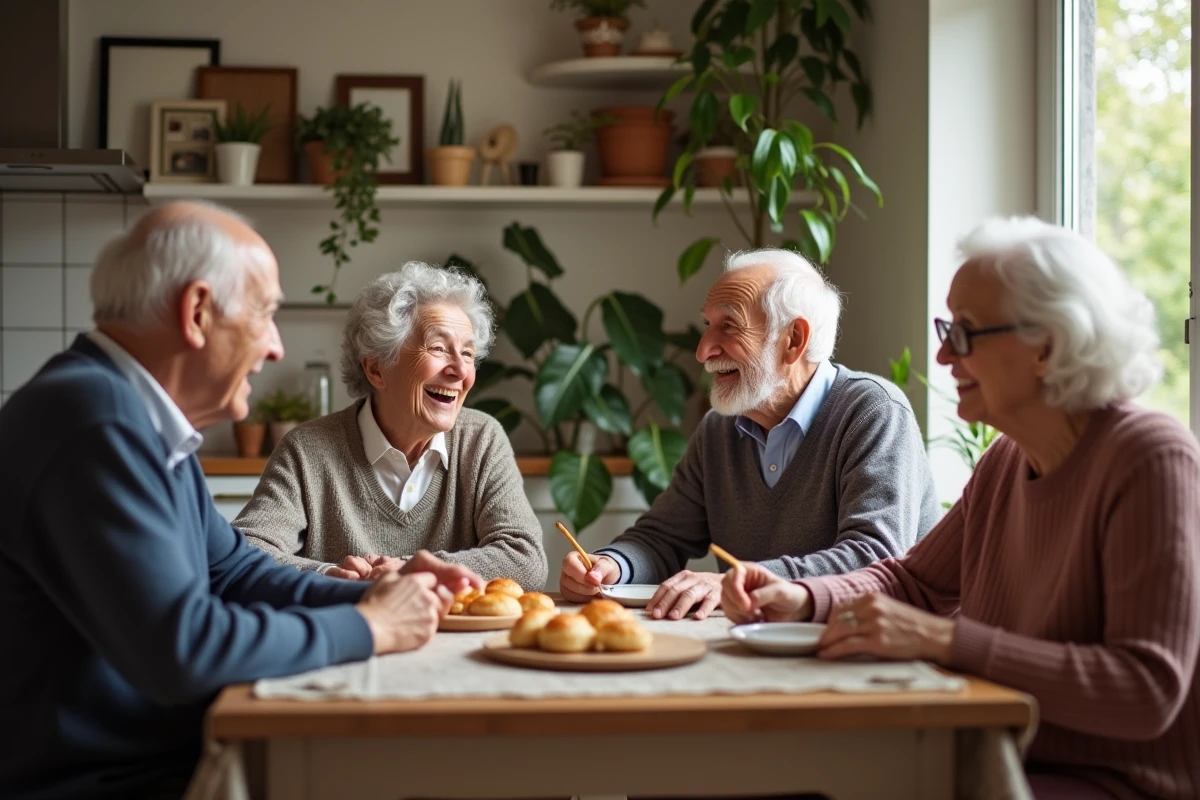 Groupe de seniors partageant un repas dans un appartement