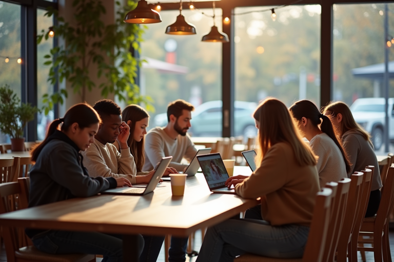 Groupe de jeunes voyageurs dans un café lumineux