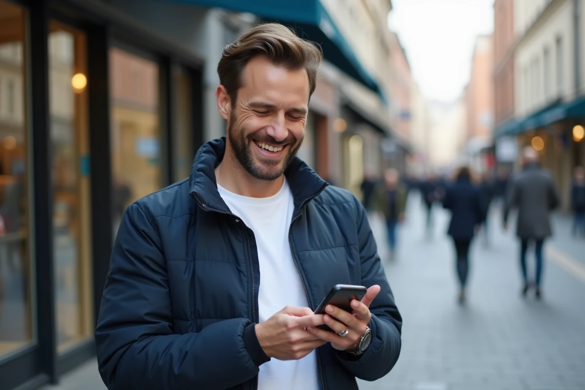 Homme souriant montrant sa facture digitale en ville