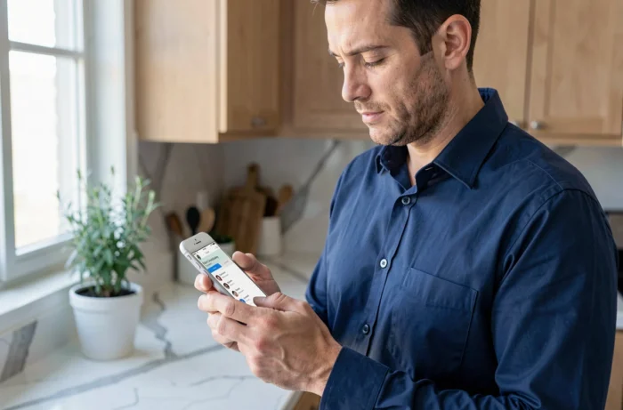 Homme consultant un annuaire téléphonique sur smartphone pour trouver l'adresse d'une personne