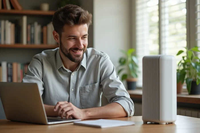 Homme travaillant à son bureau avec un ventilateur Valberg posé à côté de son ordinateur portable