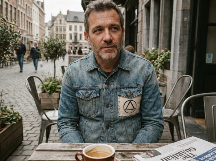 Homme assis en terrasse de café avec un écusson militant sur sa veste en jean