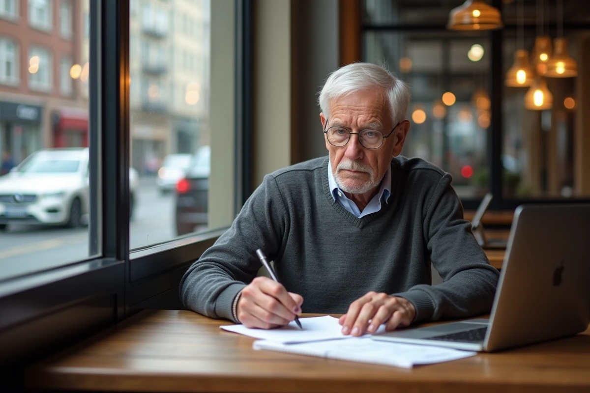 Homme âgé travaillant sur un ordinateur dans un café urbain