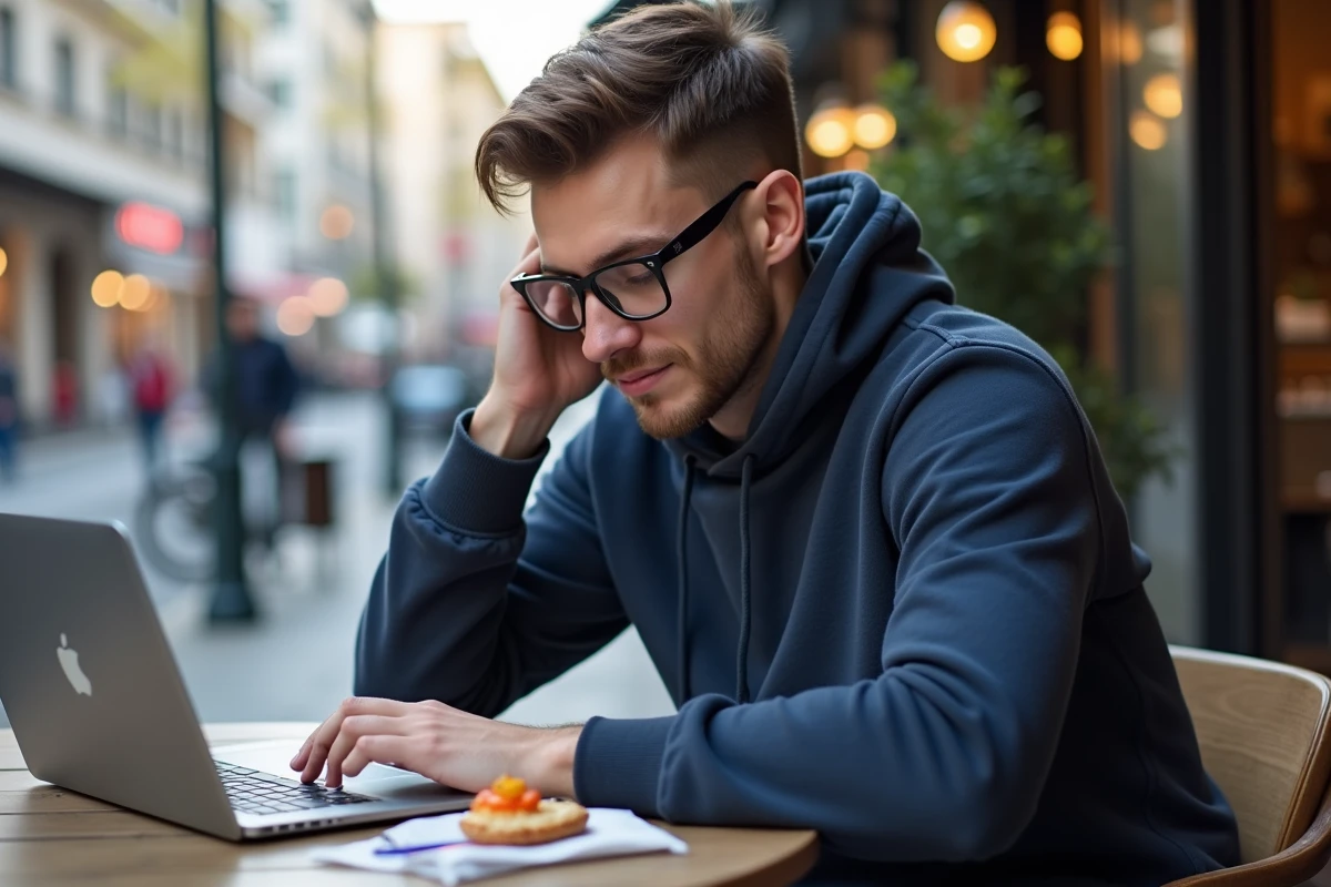 Jeune homme travaillant sur son ordinateur dans un café en ville