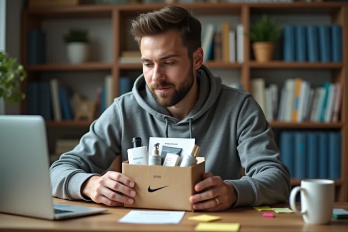 Homme qui déballe un colis promotionnel gratuit d'une marque depuis son bureau à domicile