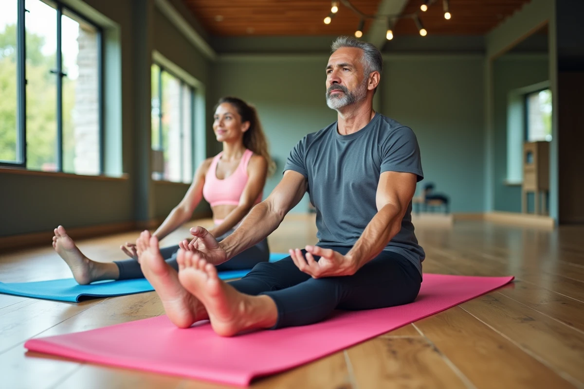 Homme et femme faisant du yoga dans un studio lumineux
