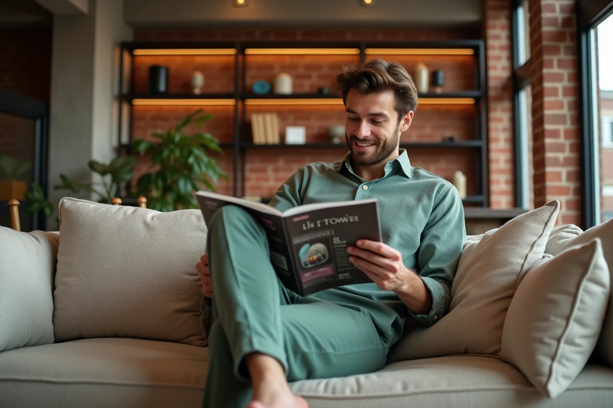 Jeune homme détendu lisant un magazine dans un salon loft