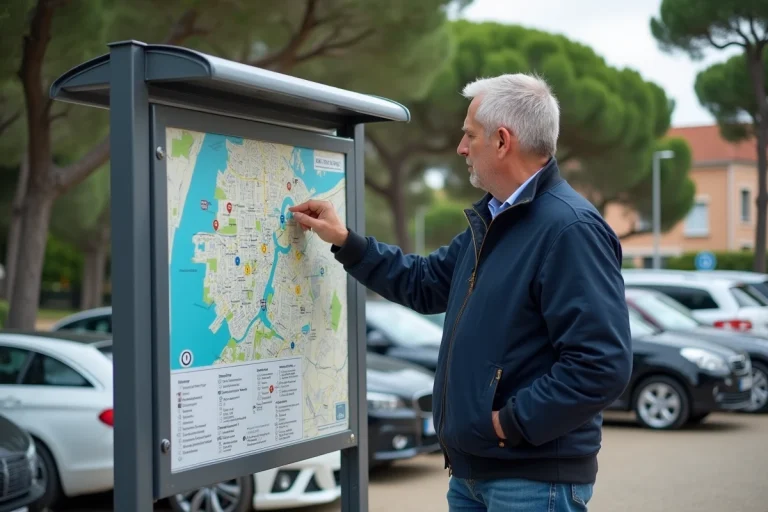 Homme examinant une carte de stationnement à Arcachon