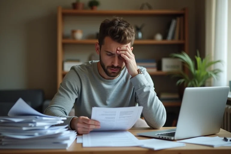 Homme inquiet consultant des documents administratifs liés à une radiation Pôle emploi à son bureau à domicile