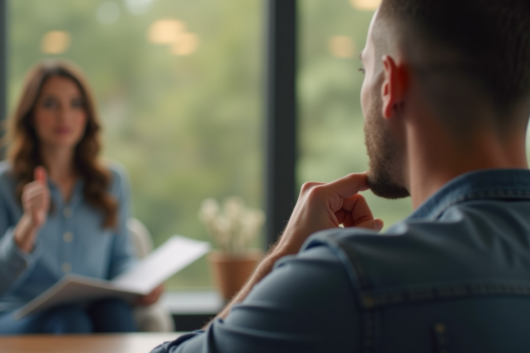 Homme pensif assis lors d'une conférence avec femme confiante