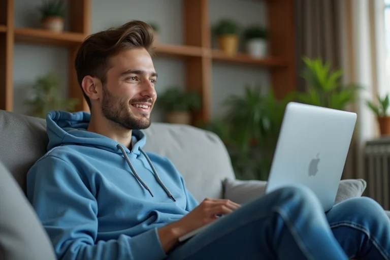 Jeune homme regardant un match sur son ordinateur