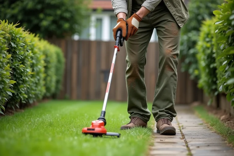 Homme utilisant un rotofil électrique pour border une pelouse bien entretenue dans un jardin résidentiel