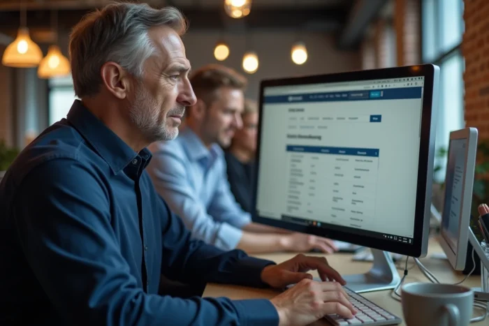 Homme consultant un site d'offres d'emploi sur ordinateur dans un espace de coworking moderne