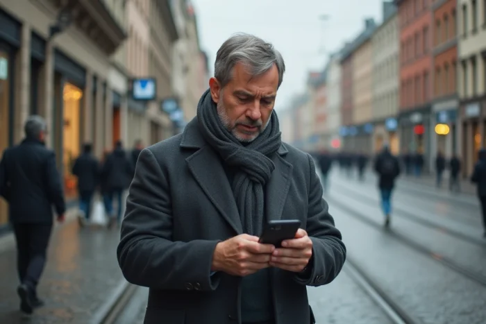 Homme consultant l'actualité en temps réel sur son smartphone dans une rue urbaine animée en automne