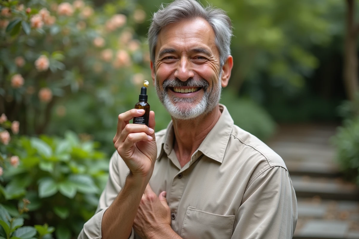 Homme en jardin appliquant un serum herbal sur le visage