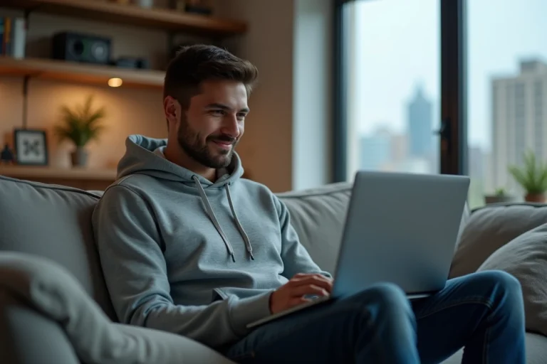Jeune homme regardant un match en streaming dans son salon